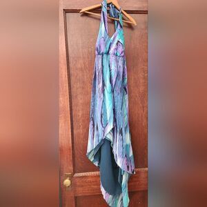 Enfocus Size 10 Aqua Purple High Low Halter Style Tie Dress